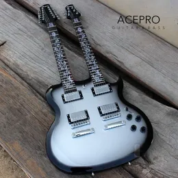 Acepro Silver Burst Color Double Neck Electric Guitar Basswood Body Carved Top Abalone Custom STEM Inlays Chrome Hardware