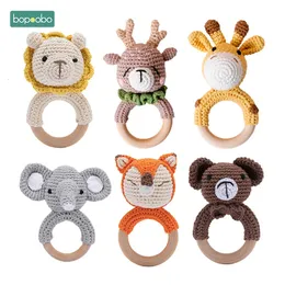 Mobiles# Bopoobo 1pc Baby Rattles Crochet Bunny Rattle Toy Wood Ring Teether Rodent Gym Mobile born Educational Toys 230607