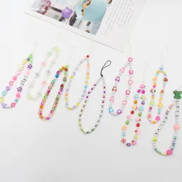 Wholesale 100pcs Colorful Acrylic Pearl Mobile Cell Phone Chain Soft Clay Lanyard Case Hanging Cord Pearl Rope Straps Charms Girls Lady Gifts