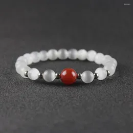 Strand Dropping White Eye Beaded Bracelet With Red Onyx Bead Natural Stone Yoga Gift For Friends NSB1025