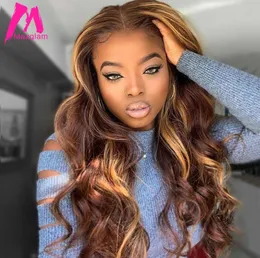 Highlight Lace Front Human Hair Wigs Honey Blonde Body Wave Wig Brazilian Ombre Brown Remy Pre Plucked 13x1 Lace Part for Women3073367
