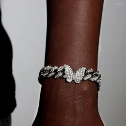 Link bransoletki punkowy złoty srebrny kolor kubański motyl bransoletka dla kobiet mrożona krystaliczna biżuteria Hip Hop Hand biżuteria