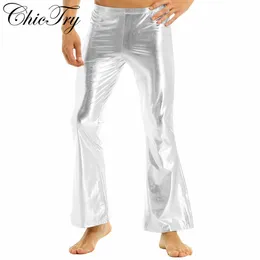 Calças chictry adultos homens calças de discoteca metálica brilhante com fundo de sino queimado calças compridas cara traje para festas temáticas dos anos 70