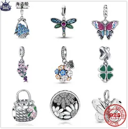 För Pandora Charms Authentic 925 Silver Pärlor Dingle Shiny Dragonfly Blooming Flower Bead