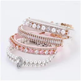 Hundhalsar Leases Cat Pearl med Crystal Rhinestone Halsband Justerbar PU -läderhalsband för små hundtillbehör Drop de Dhlmu