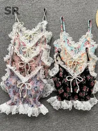 تي شيرت Singreiny Summer Floral Strap Top Women Bow Ruffle Beading Print Print Print Korean Ladie Ladianced Luched Lace Y2K Camis