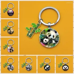 Keychains 2023 Fashion Key Chain Aesthetic Ring Keychain Cute Panda Family Gifts For Metal Glass Cabochon Kawaii