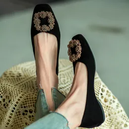 Sapatos baixos femininos primavera outono 2022 novos casuais pretos franceses biqueira quadrada sapatos rasos mocassins femininos tamanho grande 34-43