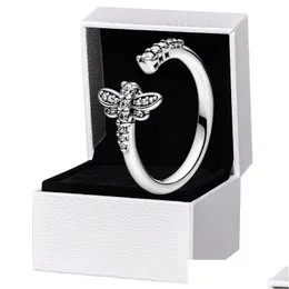 Bröllopsringar Sparkling Dragonfly Open Ring Authentic 925 Sterling Sier Women Girls Designer smycken för Pandora Cz Diamond med Ori DHZ8D