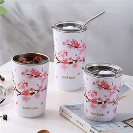 Muggar rostfritt stål körsbärsblomning termisk mugg med lock dubbel vägg kaffeläcksäker vatten kopp resor camping te tumbler drinkware 230607