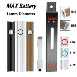Original Max Battery 14mm Diameter Cartridge Batteries 650mAh Preheat Variable Voltage VV Vape Pen for 510 Carts with USB Passthrough Manufacturer Supply