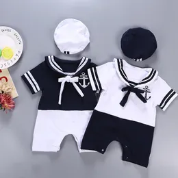 Rompers sjöman krage baby pojke kläder vit baby marinhatt bodysuits randig sjöman skjorta avslappnade barn marin akademi sommar jumpsuits 230608