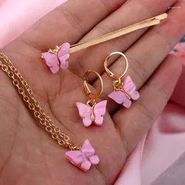 Halskette Ohrringe Set Mode süße mehrfarbige Acrylschmetterfly für Frauen süße Mädchen Anhänger Haarnadel Geschenke