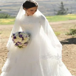 Abiti da sposa musulmani a maniche lunghe 2019 s New Satin Tulle Perline A-Line Collo alto Abiti da sposa modesti in pizzo Vestido De Novi212S