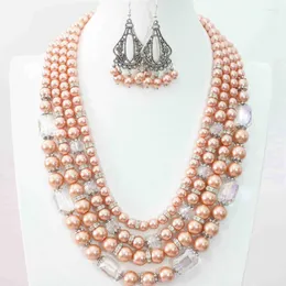 Halsbandörhängen Set Orange Shell Simulated-Pearl Round Pärlor 4ROWS Silver-Color Spacer Tillbehör Romantiska smycken 18.5-23 "B996
