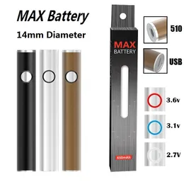 Autentica batteria Max 14 mm di diametro Batterie a cartuccia 650 mAh Preriscaldare la penna VV Vape a tensione variabile per 510 carrelli con forniture di fabbrica passthrough USB