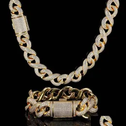 Bransoletka naszyjnik 15 mm Hip Hop Cuban Link Cain Zestaw biżuterii Bling 18k Real Gold Slated for Men For Men Prezent Zestawy dostawy Dhpjr