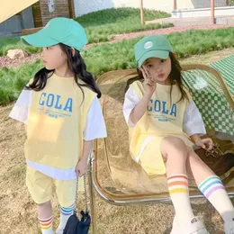Conjuntos de roupas menina verão casual t-shirt ternos estilo coreano bebê juventude meninas adolescentes manga curta contraste cor 2 peças roupas 230608