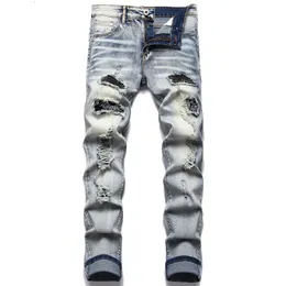 Mens Jeans Retro Blue Ripped Trendy Stretch Slim Pants Högkvalitativ mångsidig manlig byxor Fashion Printed Cat Beard 230607