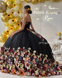 Schwarzes 3D-Blumen-Prinzessin-Quinceanera-Kleid, Puffy-Rock, schulterfrei, Schnürkorsett, Abschlussball, Abendkleid für 15 Jahre, Quinceanera-Kleider 2023