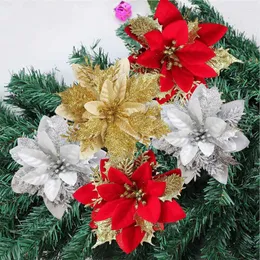 Flores decorativas 3/5/10PcsGlitter Artificial Enfeites de árvore de Natal Decorações alegres para presente de ano em casa Navidad 14c