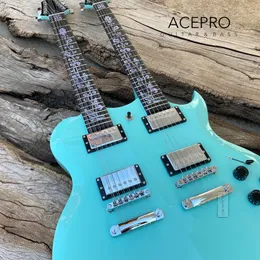 Acepro Sky Blue Doppelhals-E-Gitarre mit Korpus aus Linde, geschnitzter Decke, individueller Abalone-Stieleinlage, Chrom-Hardware, hohe Qualität