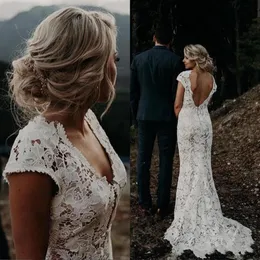 Plaj basit beyaz dantel deniz kızı gelinlik ülke vintage v boyun plaj gelinlik vestidos de novia bel boho205o