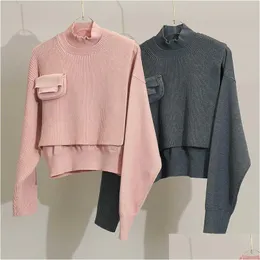 Women'S Sweaters Brand Womens F 2023 Early Spring New Knitwear Pocket Twopiece High Collar Pink Irregar Sweater Women Drop Delivery Dh68Z