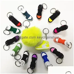 Keychains Lanyards Designer Mini Sile 3D Sneaker Pompom Keychain Men Women Kids Key Ring Gift Shoes Handbag Chain Basketball Rabbi Dhaoj