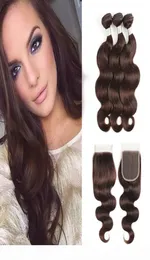2 Dark Brown Body Wave Hair Bundles with Closure Brazilian Virgin Hair 3 Bundles with 44 Lace Closure Remy Human Hair extensions3556993
