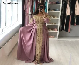 Smileven Pink Moroccan Kaftan Formal Evening Dresses Gold Lace Appliques Arabic Muslim Special Occasion Dresses Custom Made LJ20112415480