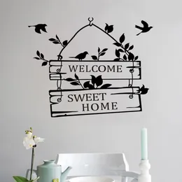 Welcome sweet home quotes wall stickers home decor living room door sign birds flower vine wall decals vinyl mural art