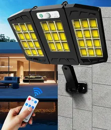 Luzes solares LED ao ar livre com sensor de movimento, luz de rua de 3 cabeças, luzes de segurança IP65 à prova d'água, 1000 lúmens, pátio de controle remoto de luz de inundação de ângulo amplo de 270 °
