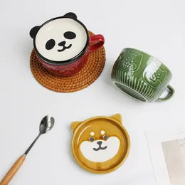 マグカップ日本語スタイルの漫画Shiba Inu Panda Breakfast Milk Cup With Lid Ceramic Coffee Cup Cute Cute Kids Mug Mug Home Decor 230607