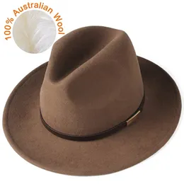 Breda randen hattar hink furtalk fedora hatt för kvinnor män 100 australisk ull filt vintage jazz par cap vinter chapeau femme 230608