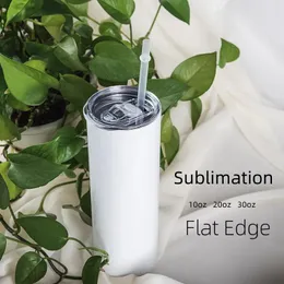 Sublimation Blanks Straight Tumbler 15oz 20oz 30oz Heat Transfer Cups Water Bottles Beer Coffee Mugs Double Wall Stainless Steel Flat Edge With Lid and Straw