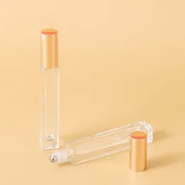 10 ml leere Stift-Quadrat-Klarglas-Rollflasche mit goldenem Verschluss, Edelstahl-Rollkugel für ätherische Öle, Parfüm, Mode