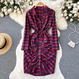 Casual Dresses 2023 Women Vintage Plaid Print Straight Slim Knee Length Shirt Dress Female Chic Pleats Ruched Folds Vetidos Belt