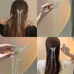 Dangle Chandelier 2023 New Female Butterfly Pearl Tassel Hair Claw Rhinestone Clip Korean Simple Shark Ponytail Crab Clip Accessories Z0608