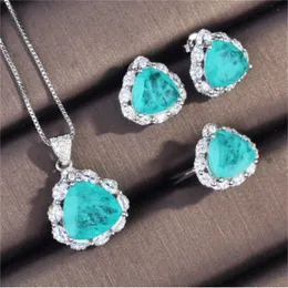 Nature Paraiba Tourmaline Jewelry Set 925 Sterling Silver Promise Party Party 결혼 반지 여성용 신부 보석을위한 귀걸이 목걸이