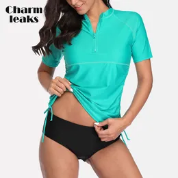Wetsuits Drysuits Charmleaks نساء قصير الأكمام قمصان واقي بحراسة الرمز البريدي الأمامي للسباحة Rashguard أعلى الجانب تصفح قميص الغوص UPF 50 230607