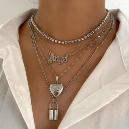 Chains Hip Hop Multi-layer Angel Letter Lock Pendant Necklace For Women Silver Color Heart Crystal Tennis Chain Trendy Jewelry