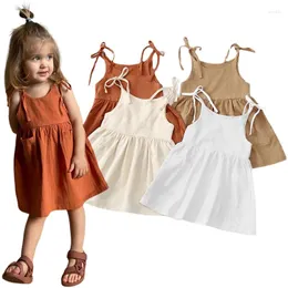 Flickaklänningar 2023 mode sommarflickor kostym ärmlös bomullsfast hänge strandklänning med fickslip för kläder 2-6t