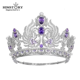 Bröllopshår smycken HIMSTORY VINTAGE BAROQUE PURPLE CUBIC Big Tiaras och Crowns Bridal Ornament Queen King Accessories 230609