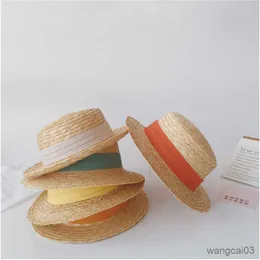 Caps Hats Cute Fashion Children Baby Sun Hats Ribbon Flat Top Hat Cap for Boy Girl Outdoor Beach Sunprotection Summer Straw Hat for Kids
