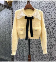 Women's Jackets High Quality Cardigan 2023 Autumn Winter Women Mink Hair Knitting White Lace Beading Button Long Sleeve Yellow Tops Coat