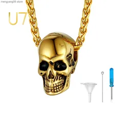Pendant Necklaces U7 Cremation Jewelry for Ashes for Women Men Stainless Steel Gold Plated Gothic Skull Necklace Urn Pendant T230609