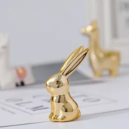 Decorative Objects Figurines Cute Gold White Rabbit Sheep Creative Ceramics Ornament Lovely Alpaca Table Home Decoration Office Desktop Decor 230608