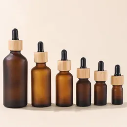 Großhandel Milchglas-Essenzflaschen, 5–100 ml, braune Kosmetikverpackung mit Bambusdeckeln und Pipette Qfdhj