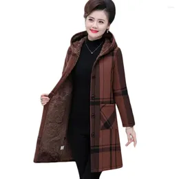 Women's Trench Coats Winter Plus Velvet Cold Cotton Jacket Middle-aged Womens Plaid Hooded Parka Overcoat Size Casual Warm Coat 5XL